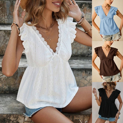Hollowed-out V-neck Ruffled Short Sleeve Lace T-shirt Top