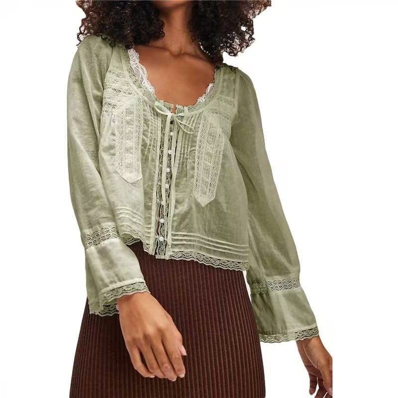 Lace U-shaped Lace Collar Long Sleeve Light Shirt