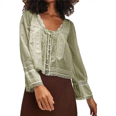 Lace U-shaped Lace Collar Long Sleeve Light Shirt