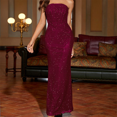 Sexy Silver-strip Backless Tube Top Long Women's Dress