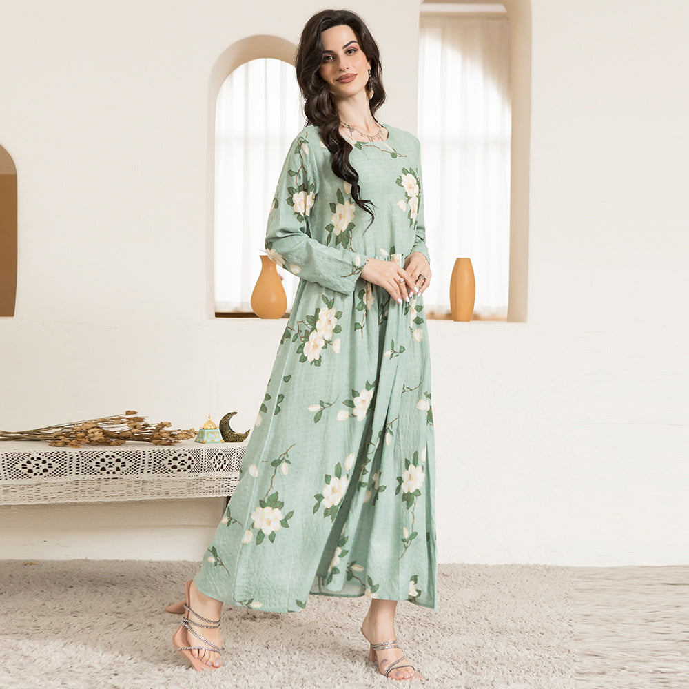 Casual Round Neck Printing Floral Wrinkle Splicing Regular Sleeve Long Dresses