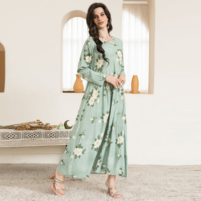 Casual Round Neck Printing Floral Wrinkle Splicing Regular Sleeve Long Dresses